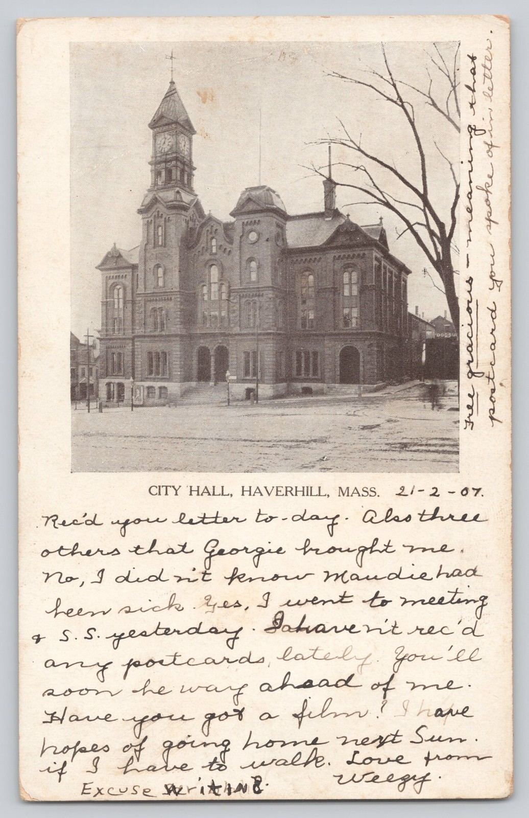 City Hall Haverhill MA Postcard c1907 Undivided Back Postmarked Antique