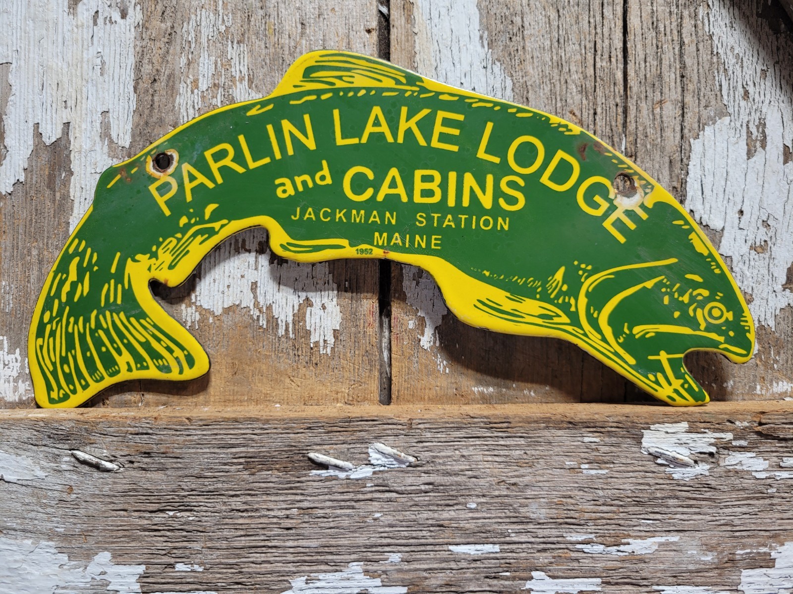 VINTAGE PARLIN LAKE LODGE PORCELAIN SIGN 1952 CABIN JACKMAN STATION MAINE FISH