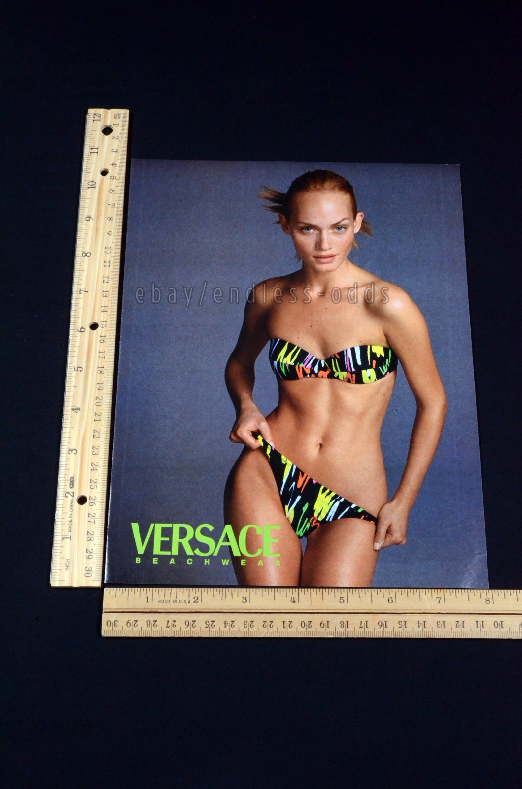 1996 Versace Beachwear Neon Swimsuit Magazine Page Print Ad Poster 90s Vintage