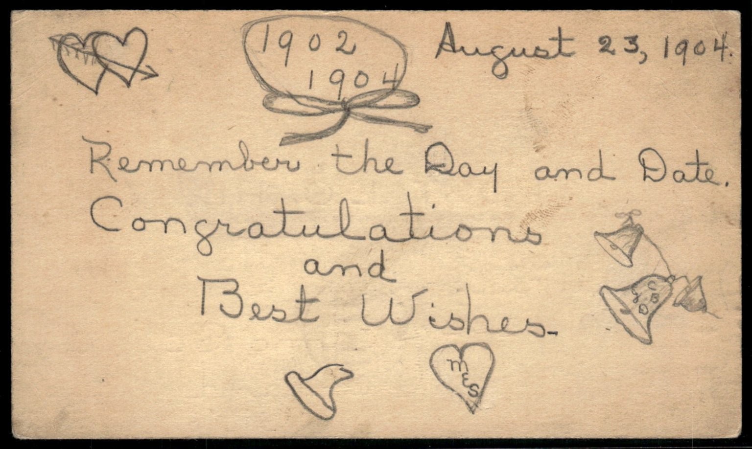 1904 Postmarked Cleveland OH Postcard - Hand Drawn Wedding Bells Hearts