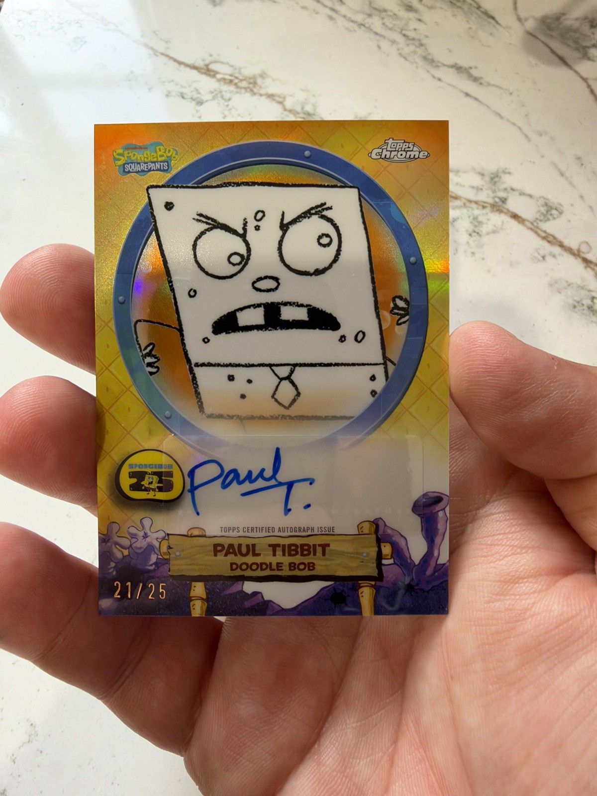 2025 Topps Chrome SpongeBob Paul Tibbit Doodle Bob Orange Refractor Auto #/25 2025 Topps Chrome SpongeBob Paul Tibbit Doodle Bob Orange Refractor Auto #/25