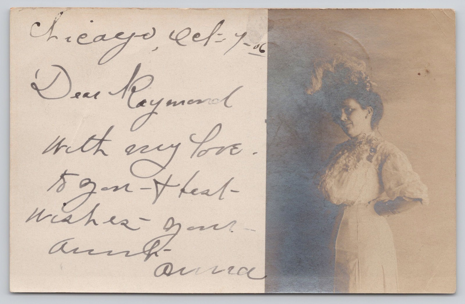 RPPC 1906 Chicago Woman Named Anna - Huge Hat - Real Photo Postcard to Merton WI