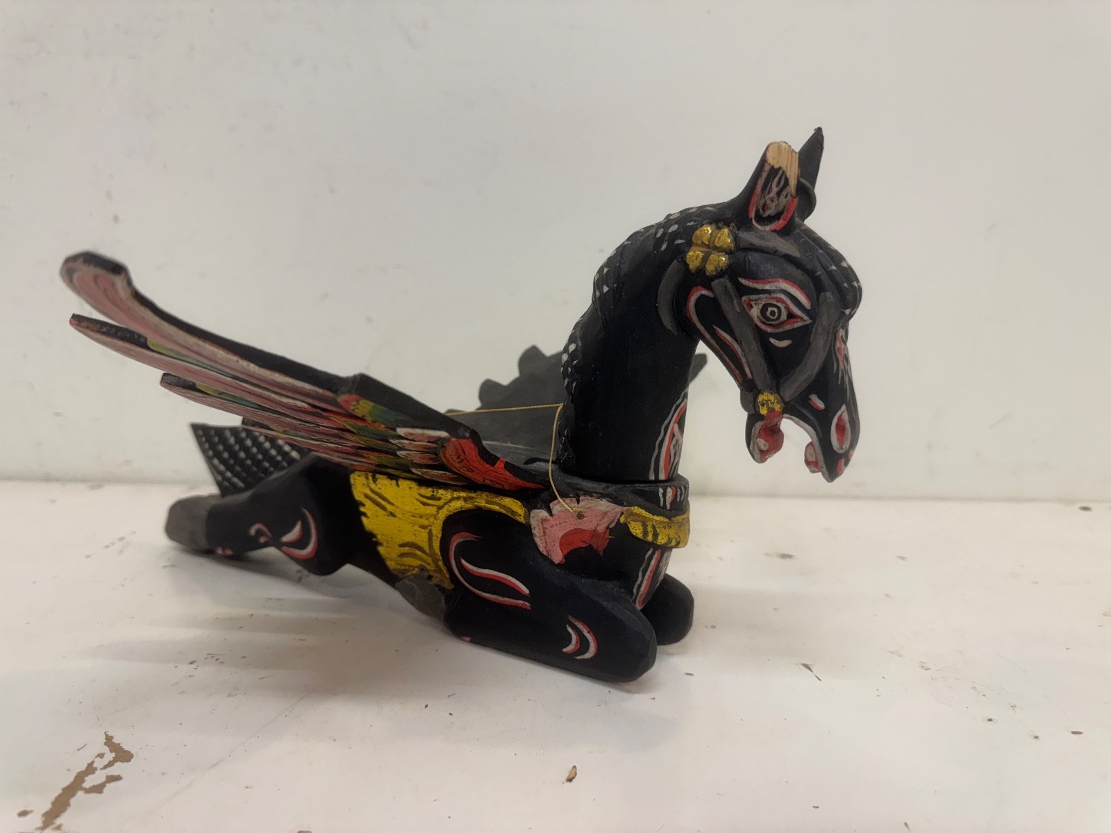 Vintage Balinese Wooden Black Pegasus Winged Horse Crib Guardian Spirit Chaser