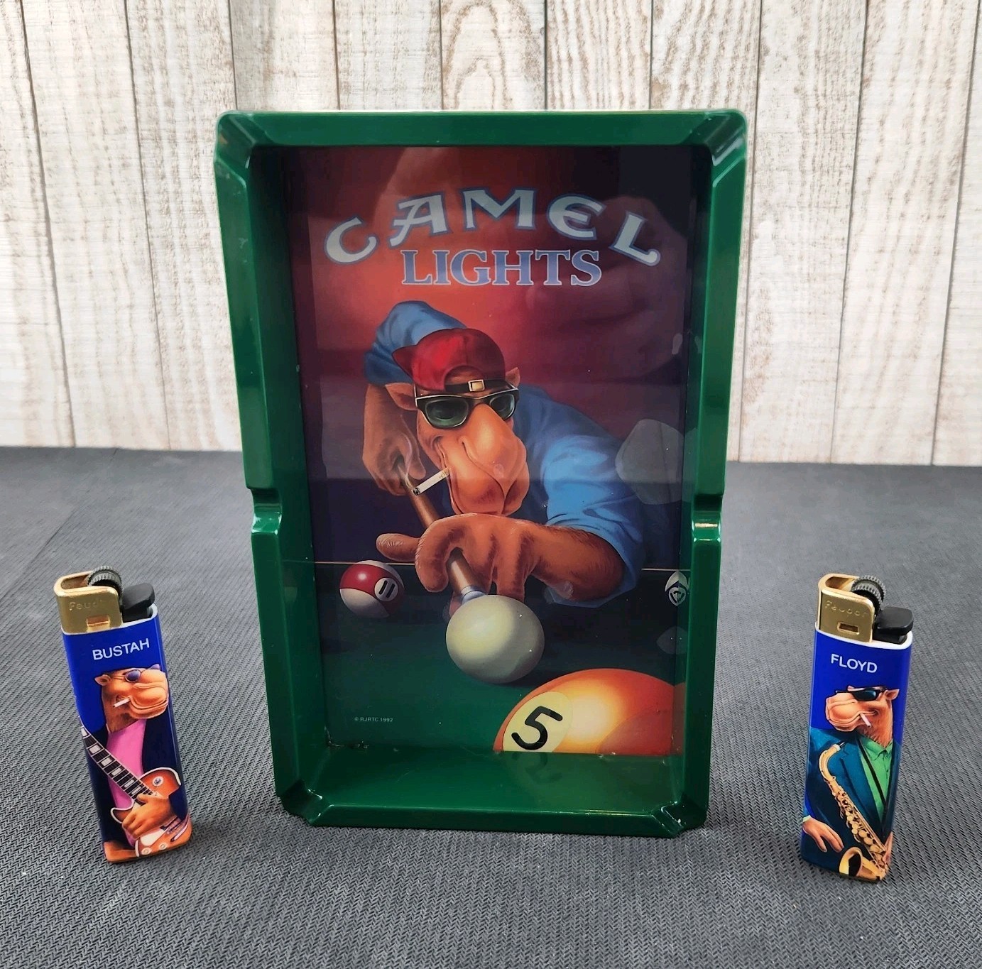 Vtg 1992 Camel Lights Joe Pool Table Cigarette Ashtray w/ 2 NEW 1991 Lighters