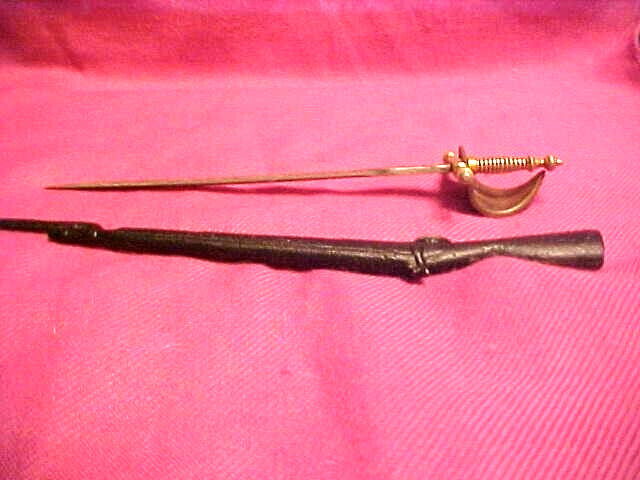Vintage 8” TOY Cast Iron Black Powder Long Rifle/ Bayonet,plus Sword w/scabbord