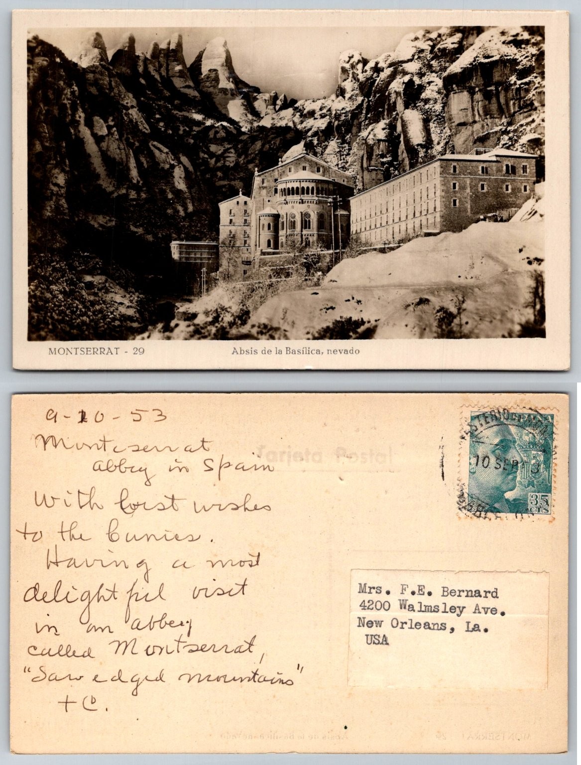 Montserrat Abbey Spain Snow Black & White Real Photo Postcard 1953