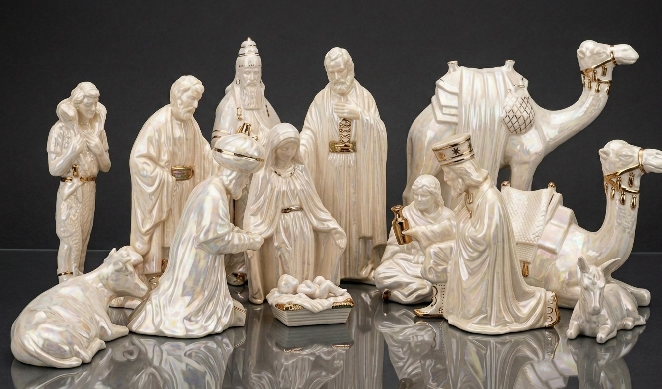 Vtg 1970s Duncan Mold Ceramic Nativity Set 14 Pc - Iridescent Pearl Glaze Large