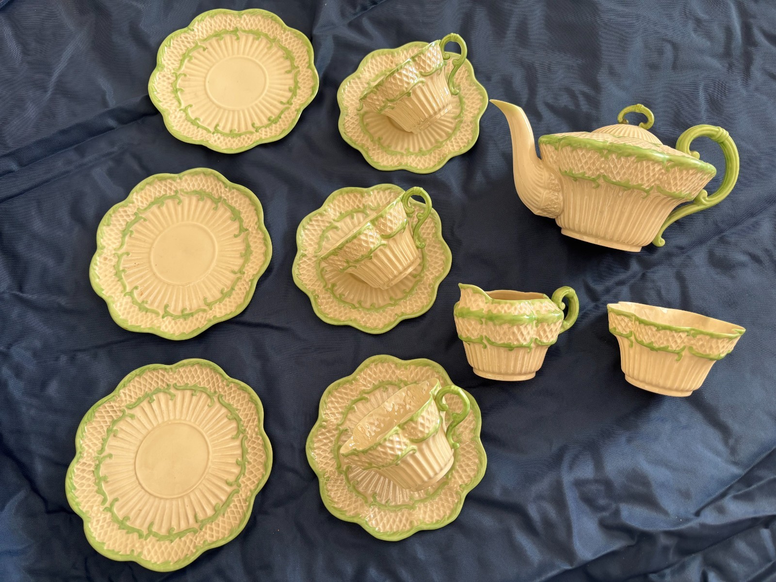 Antique 12 Piece Belleek 2nd Black Mark Erne Green Tint Tea Set