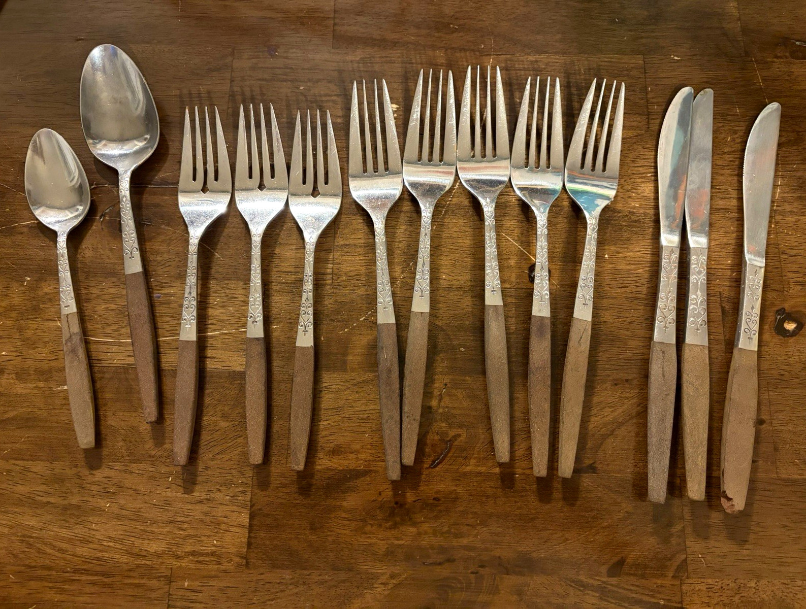 Vintage Interpur Japan Stainless Steel Flatware Wood Handles Replacements MCM