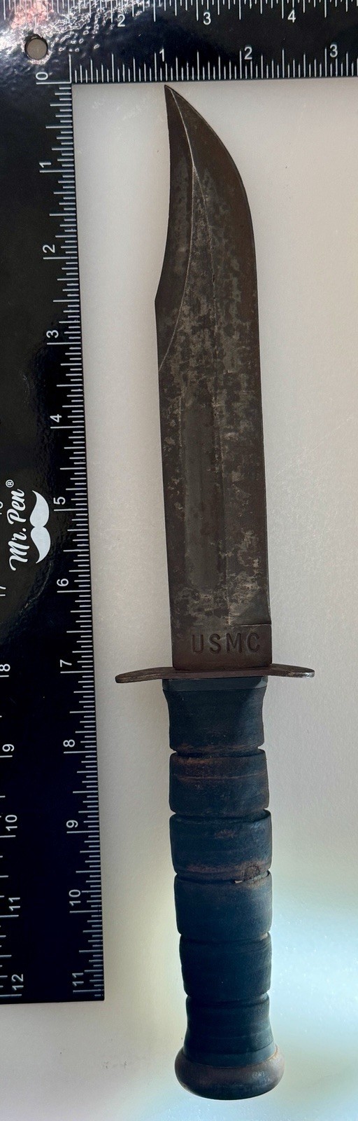 Vintage KA-BAR Olean NY USMC Fighting Knife WWII Style Thick Pommel Leather