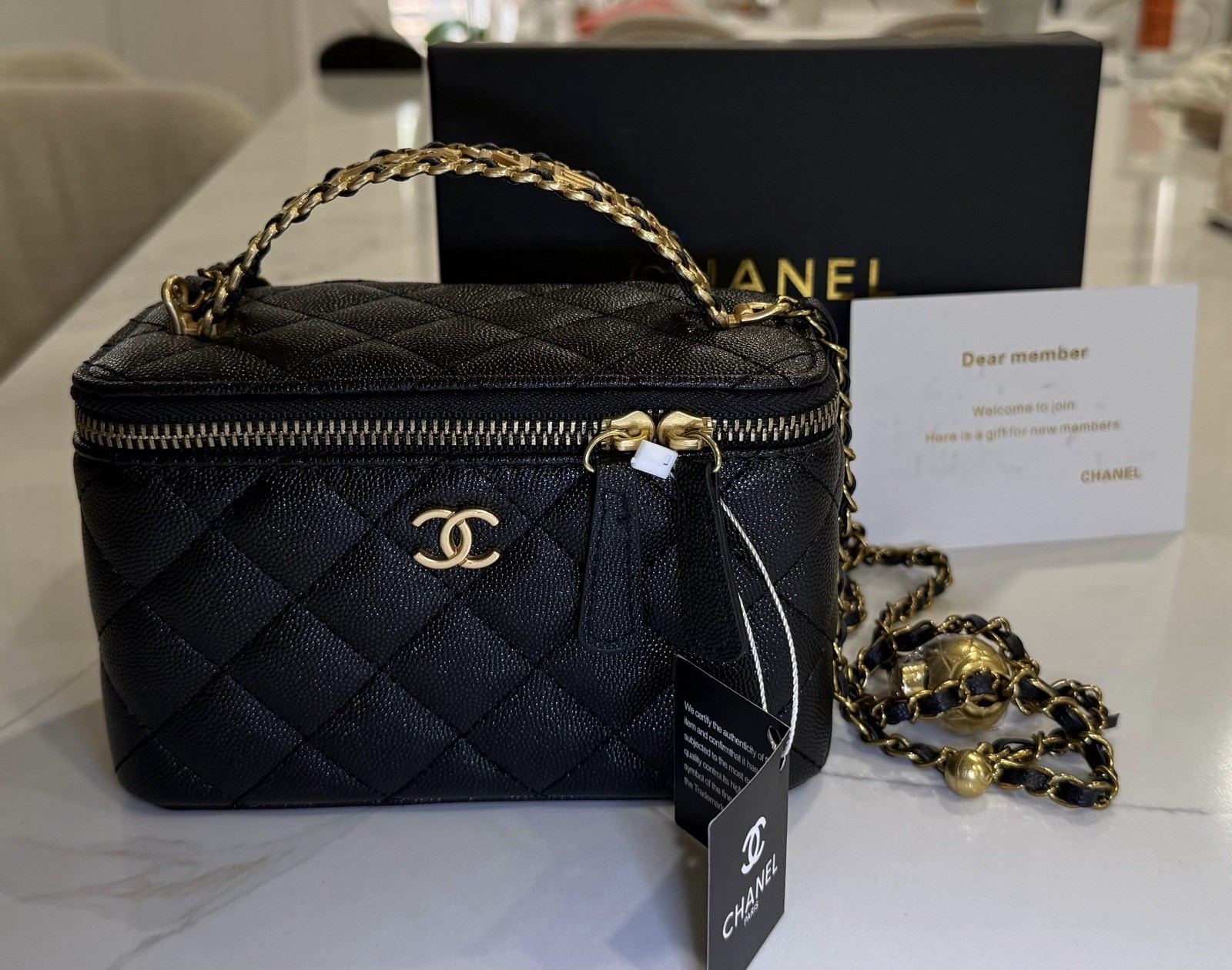 CHANEL VIP GWP Black Quilted Vanity Cosmetic Case with Gold Chain