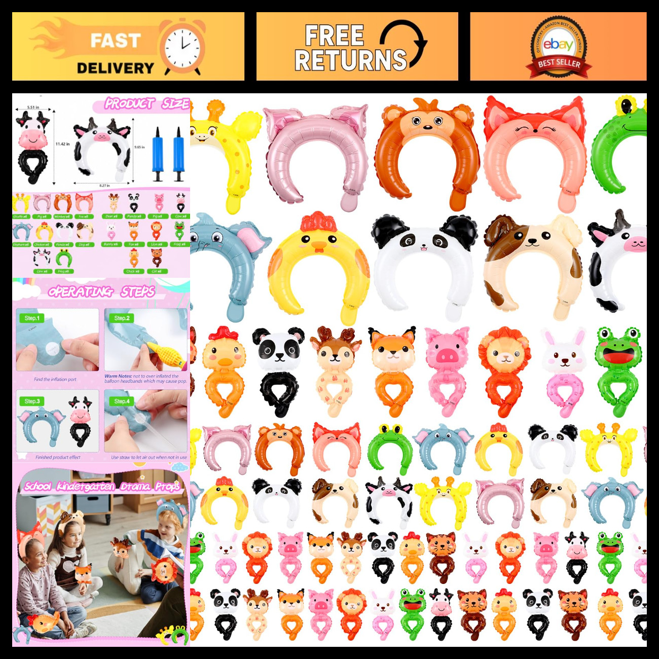 Libima 200 Pcs Inflatable Animal Headbands & Wristbands Balloons Set