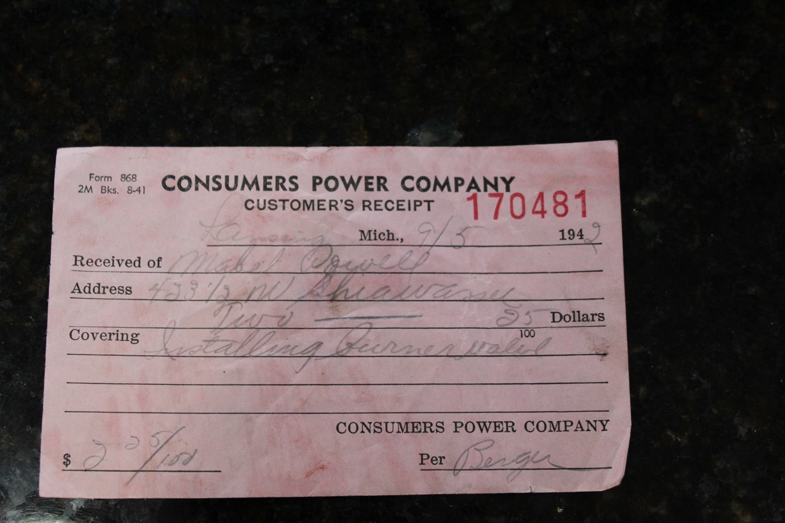 Vintage 1942 Consumers Power Company Payment Receipt #170481