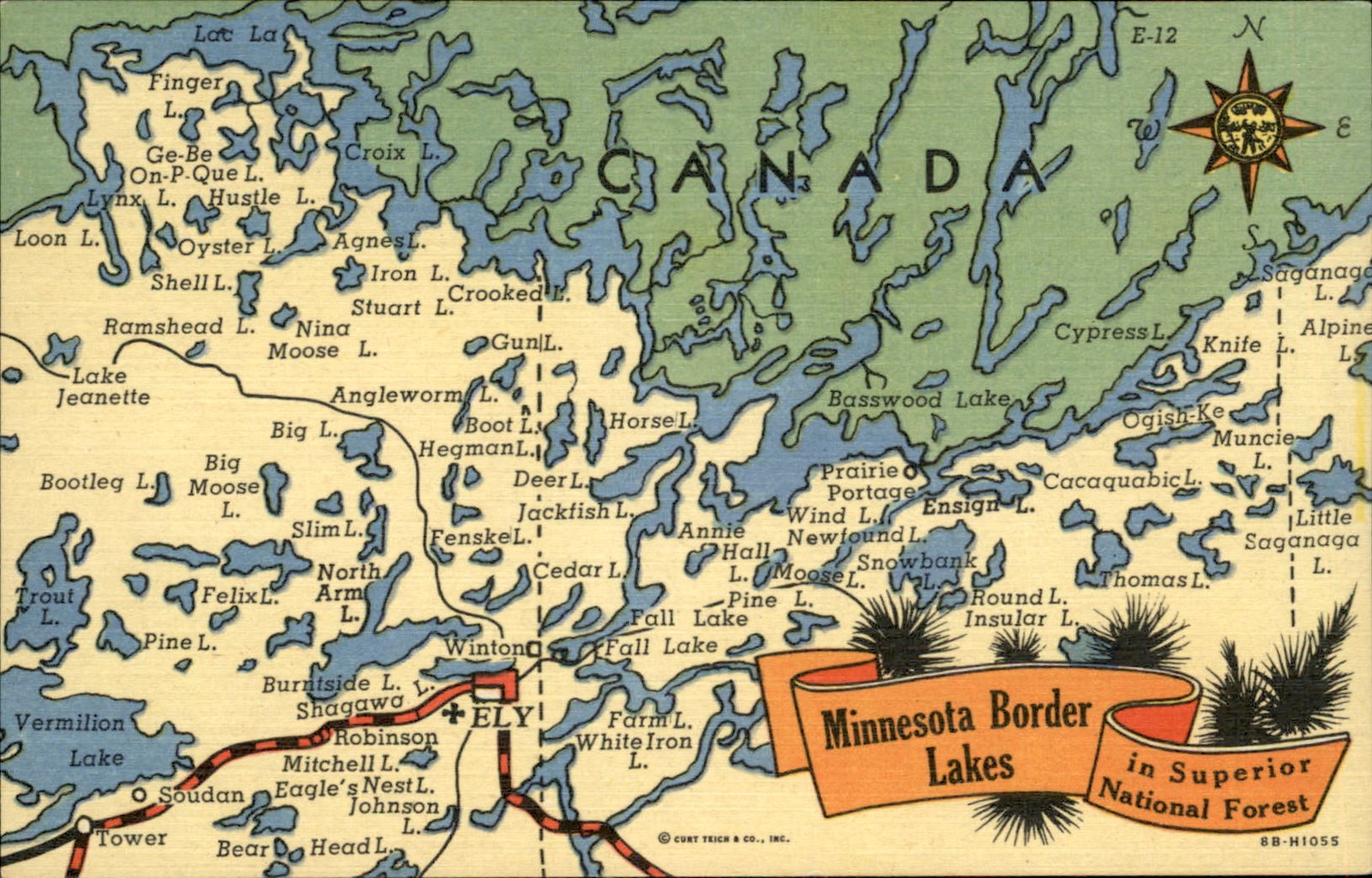Superior Nat'l Forest Minnesota MN Border Lakes Map Colorful Linen c1940s PC