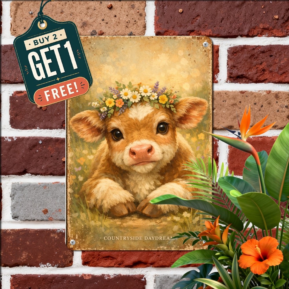 Highland Cow Floral Headband Art Sign Metal Tin Plaque Rustic Decor 8x12