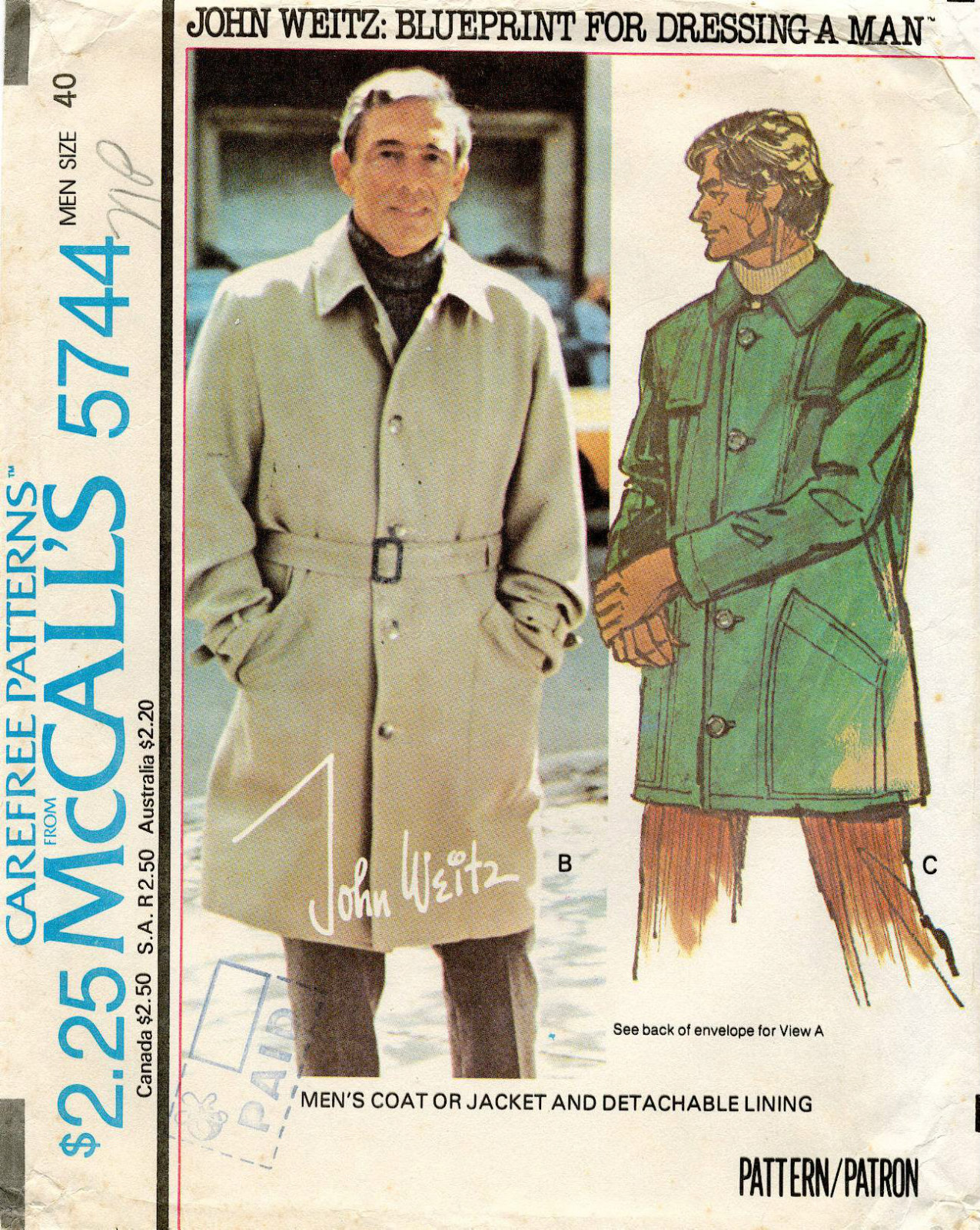 1970\'s  McCall\'s Men\'s Coat or Jacket John Weitz Pattern 5744 Size 40 UNCUT