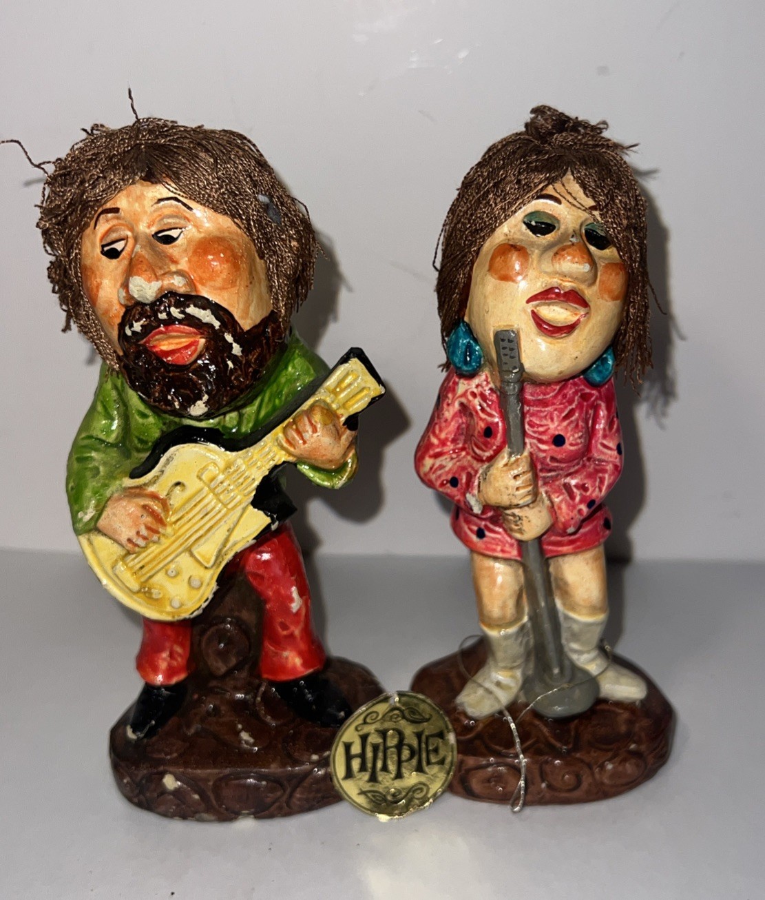 Vintage Hippie Statues Unique Find Guitar Microphone Singing Pair