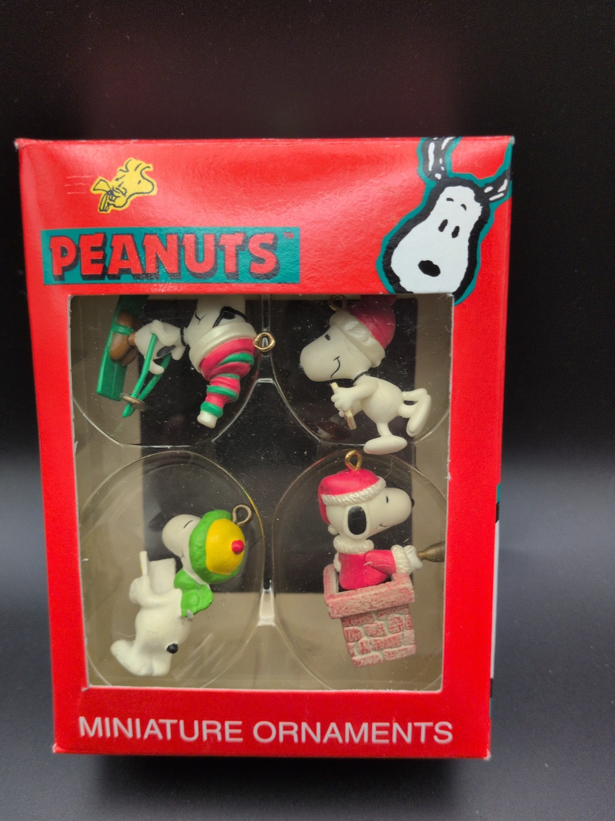 Vtg Kurt S Adler Peanuts Snoopy  Miniature Christmas Ornaments Set Of 4 w/Box