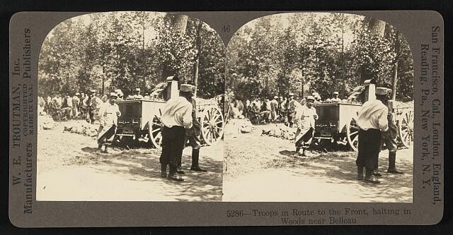 Photo:Belleau France WWI Troops Halting in Woods 1918 Soldiers Wagon