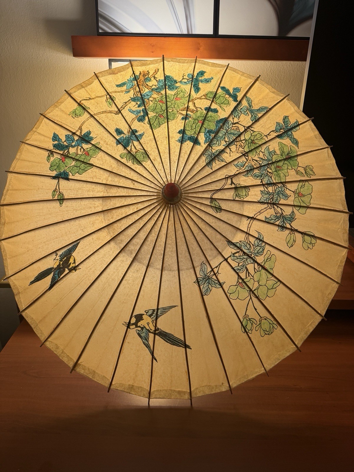 Vintage Chinese Paper Parasol Umbrella Hand Painted Bamboo Asian Decor 35”
