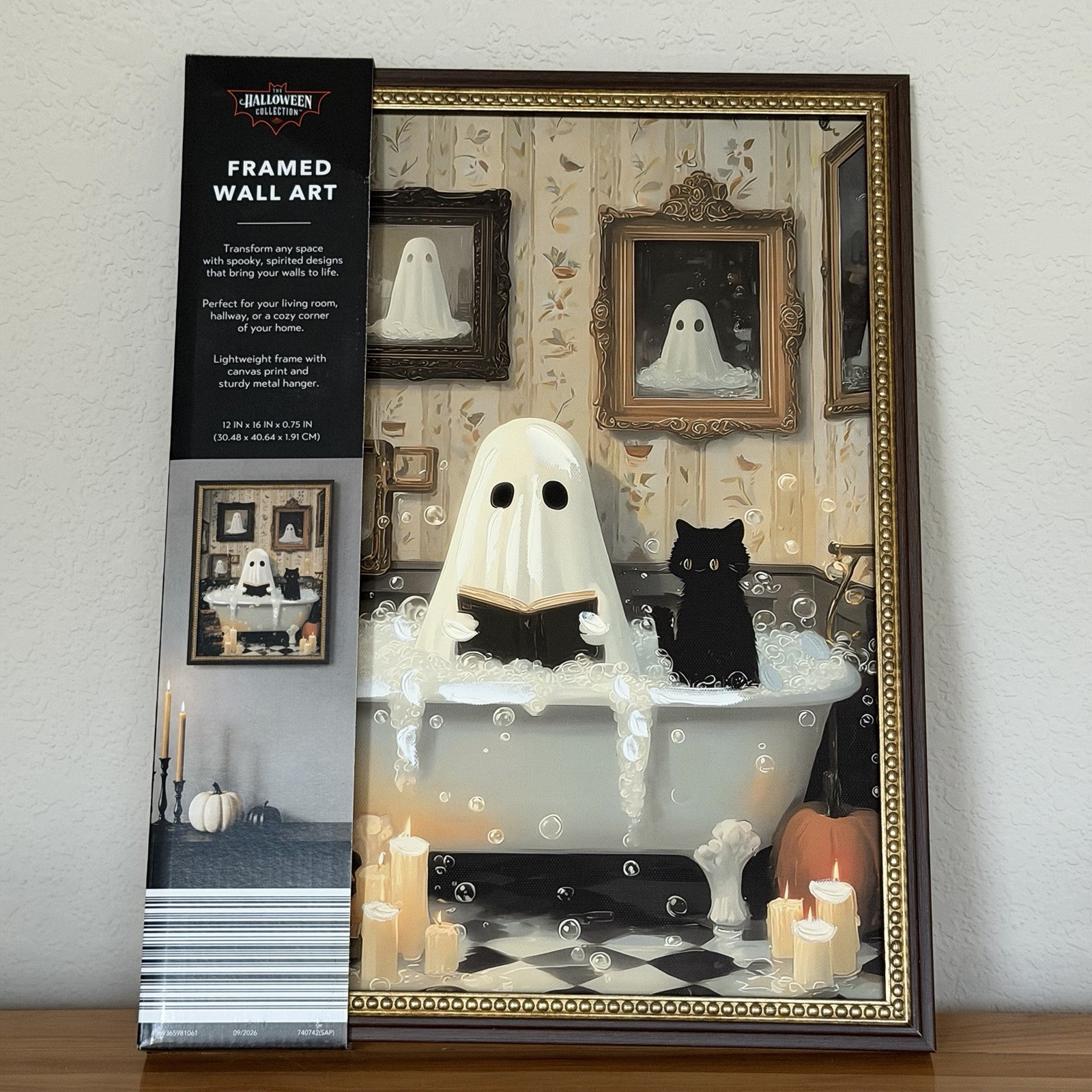 Aldi Halloween Ghost Reading Book in Bathtub with Black Cat Framed Wall Art NIB