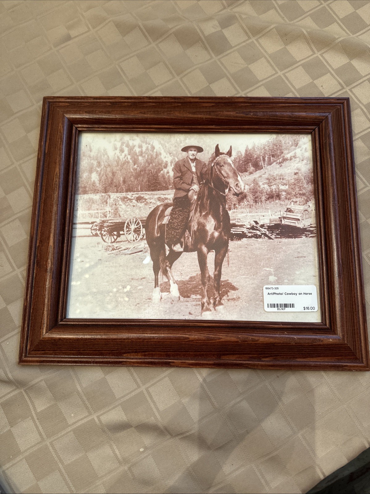 Vintage Cowboy on Horse Sepia Photo | Old West Framed Art Rustic Wall Decor