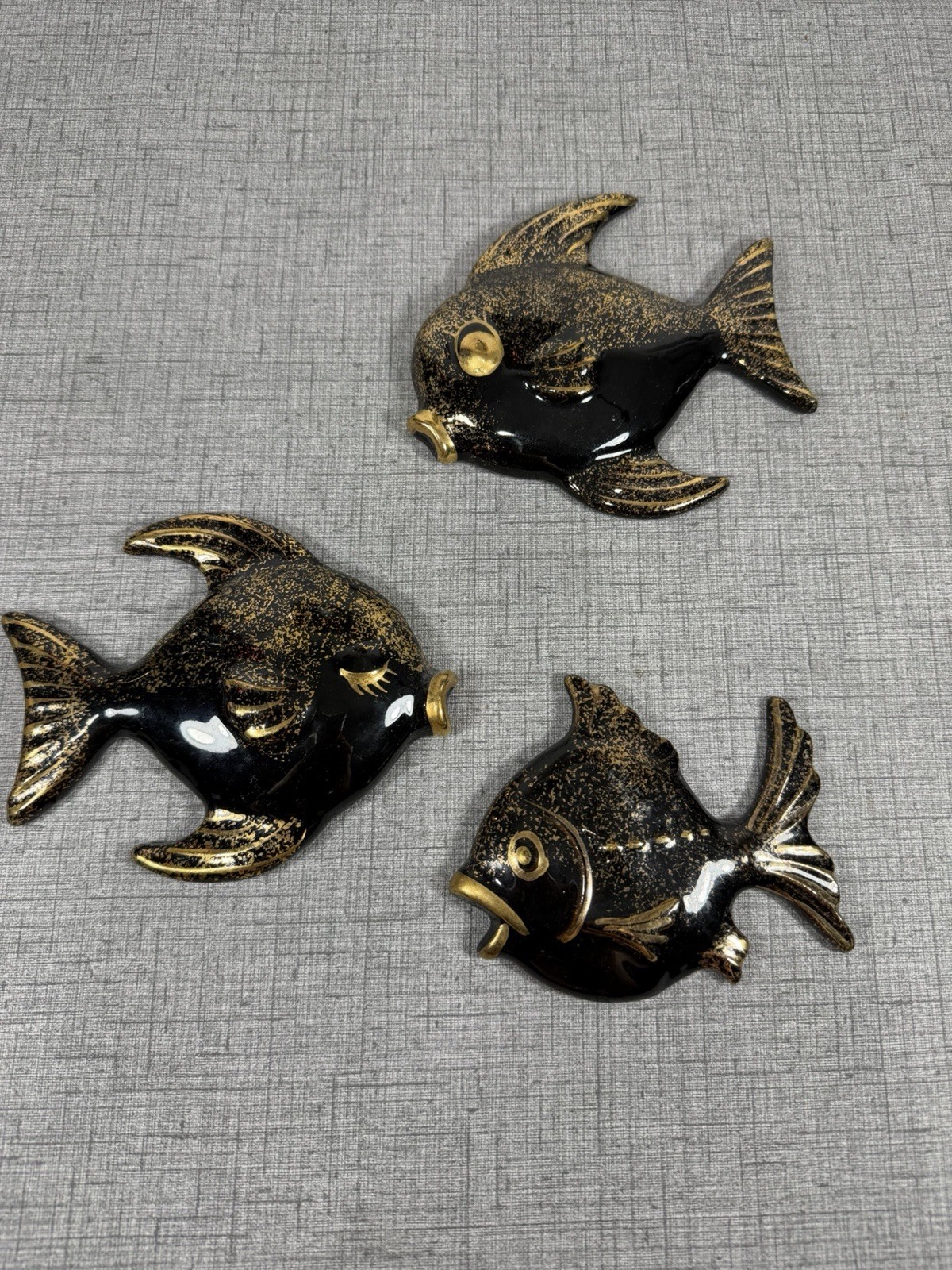 Set Of 3 Vtg Lefton Black and Gold Fish Ceramic Wall Hangings