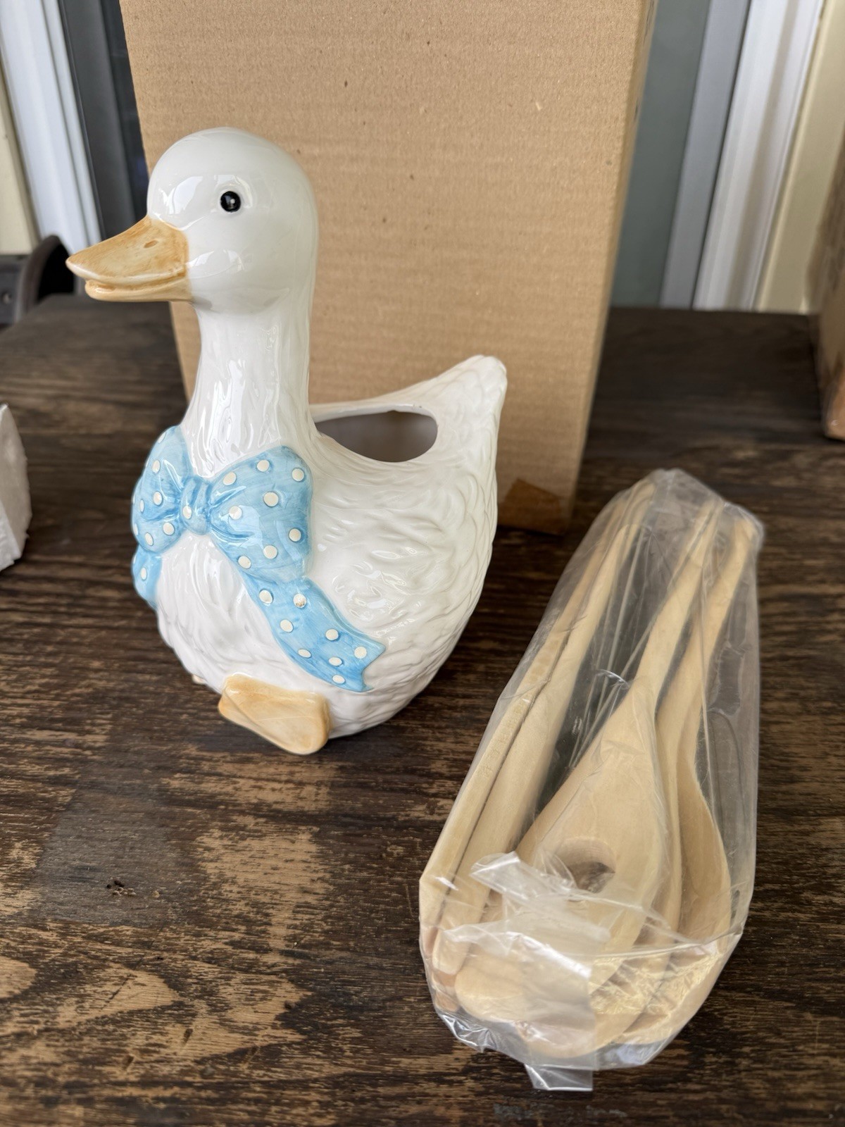 Vintage 1980s Country Goose w/ Blue Bow Ceramic Utensil Holder New In Box