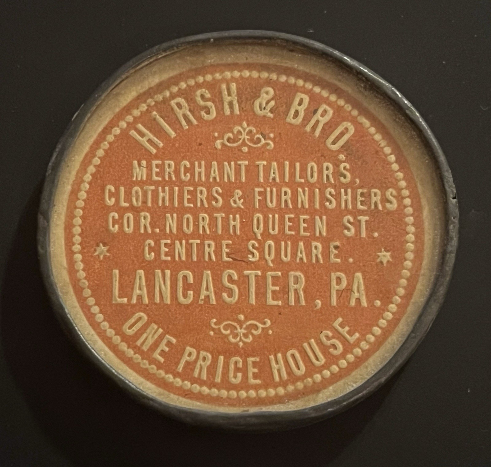 Antique Advertising 1890 Pocket Mirror Hirsh & Bro Tailor from Lancaster, Pa
