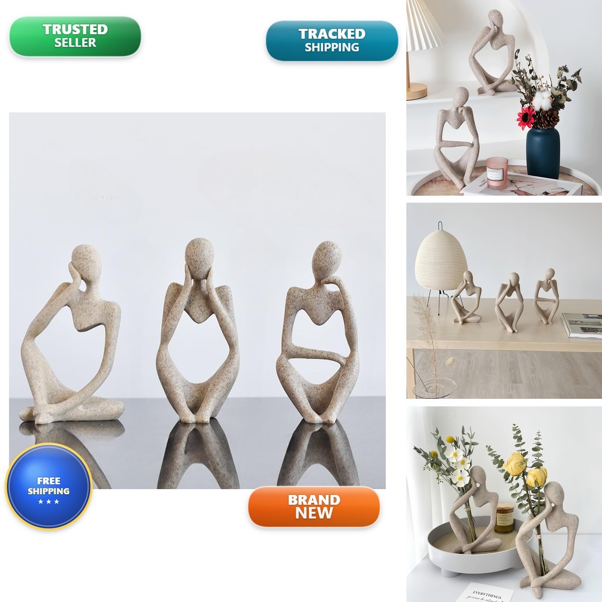Will Art Museum Thinker Statues Home Decor, Set 3 Pcs Grey Resin Trendy