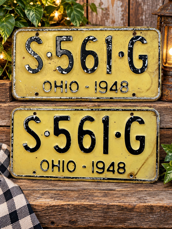 Pale Yellow & Black Original Vintage OHIO 1948 License Plate Set Pair