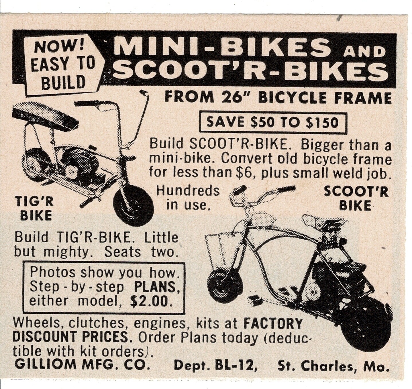 1965 GILLIOM MFG CO Tig'r Scoot'r Bike Mini-Bike Vintage Print Ad