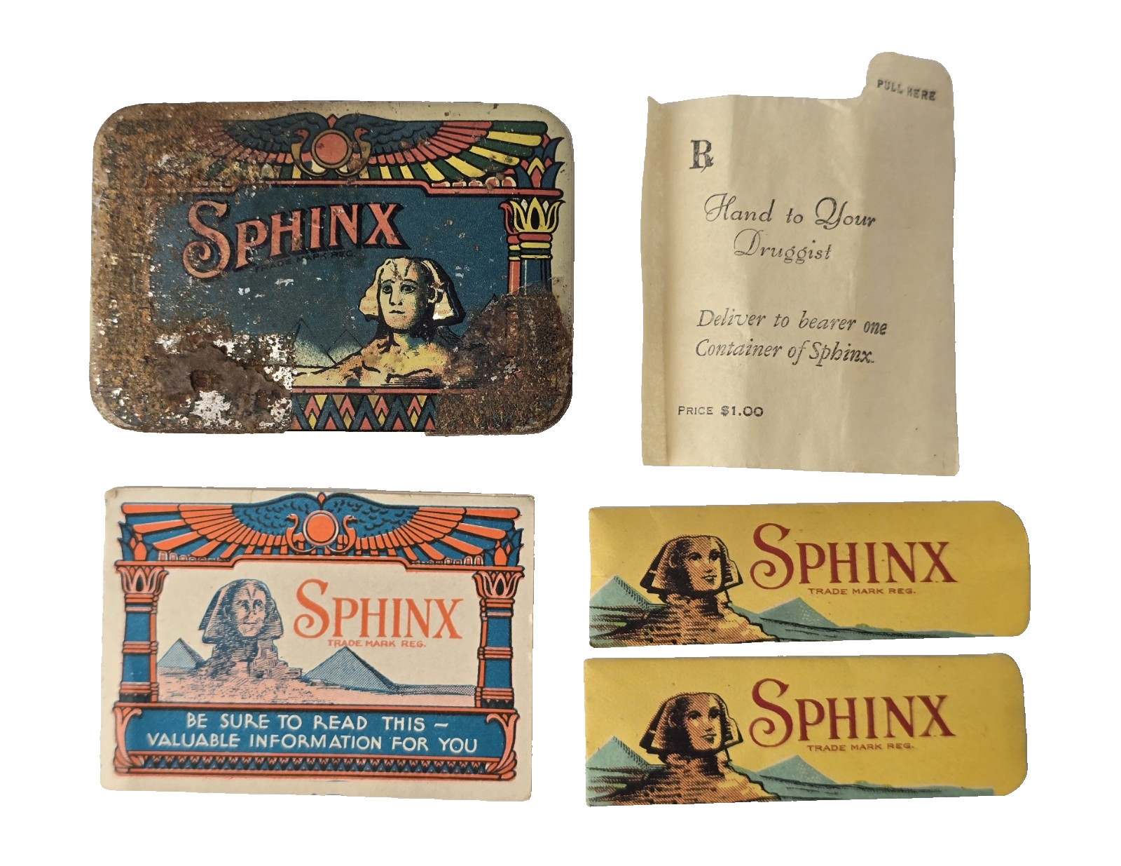 Antique 1930\'s Julius Schmid Sphinx Condom Tin w/ Paper Inserts & Wrappers