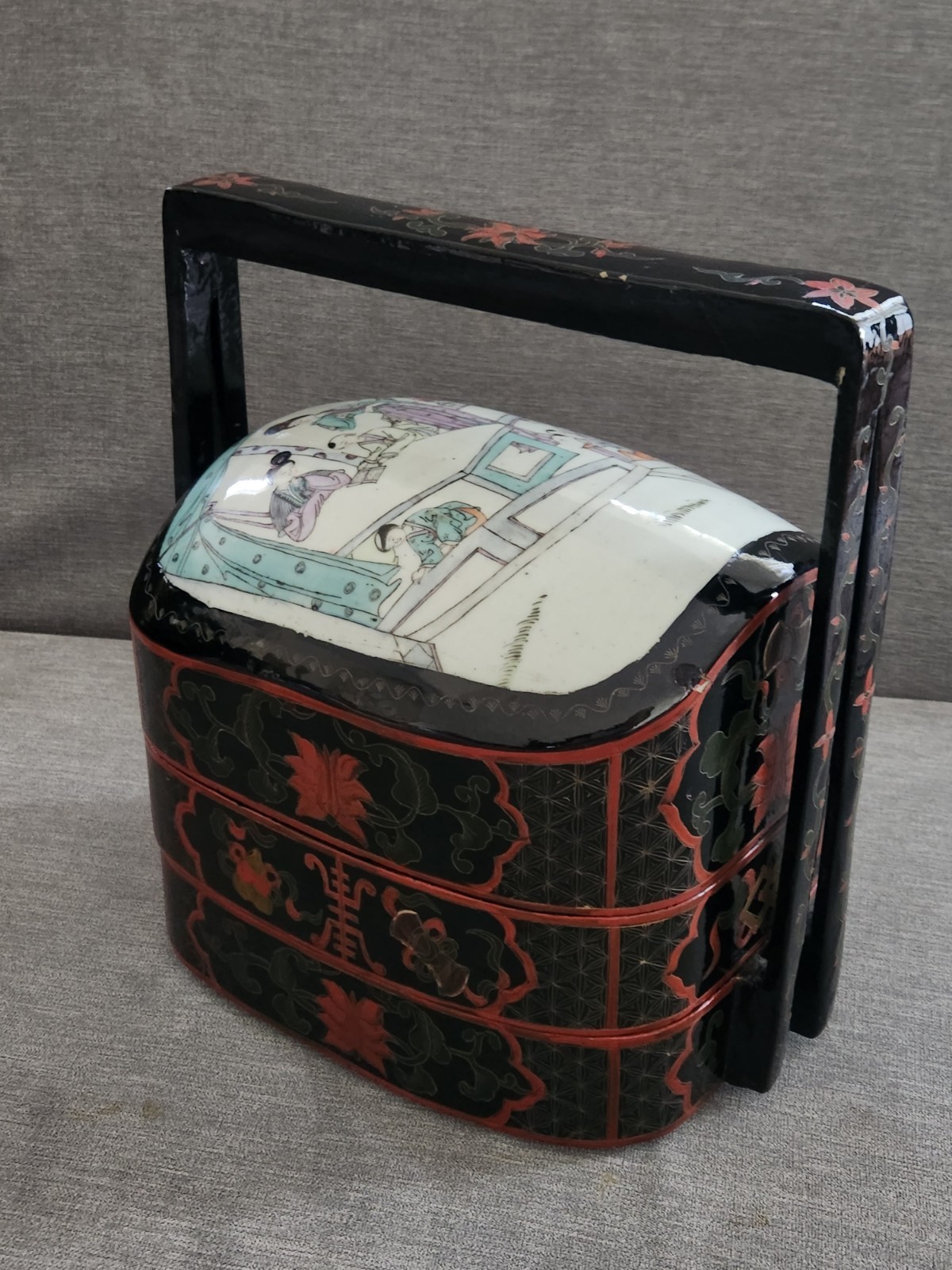 Vintage Chinese Lacquer Wedding Basket 3 Tiered Box Porcelain Lid Hand Painted