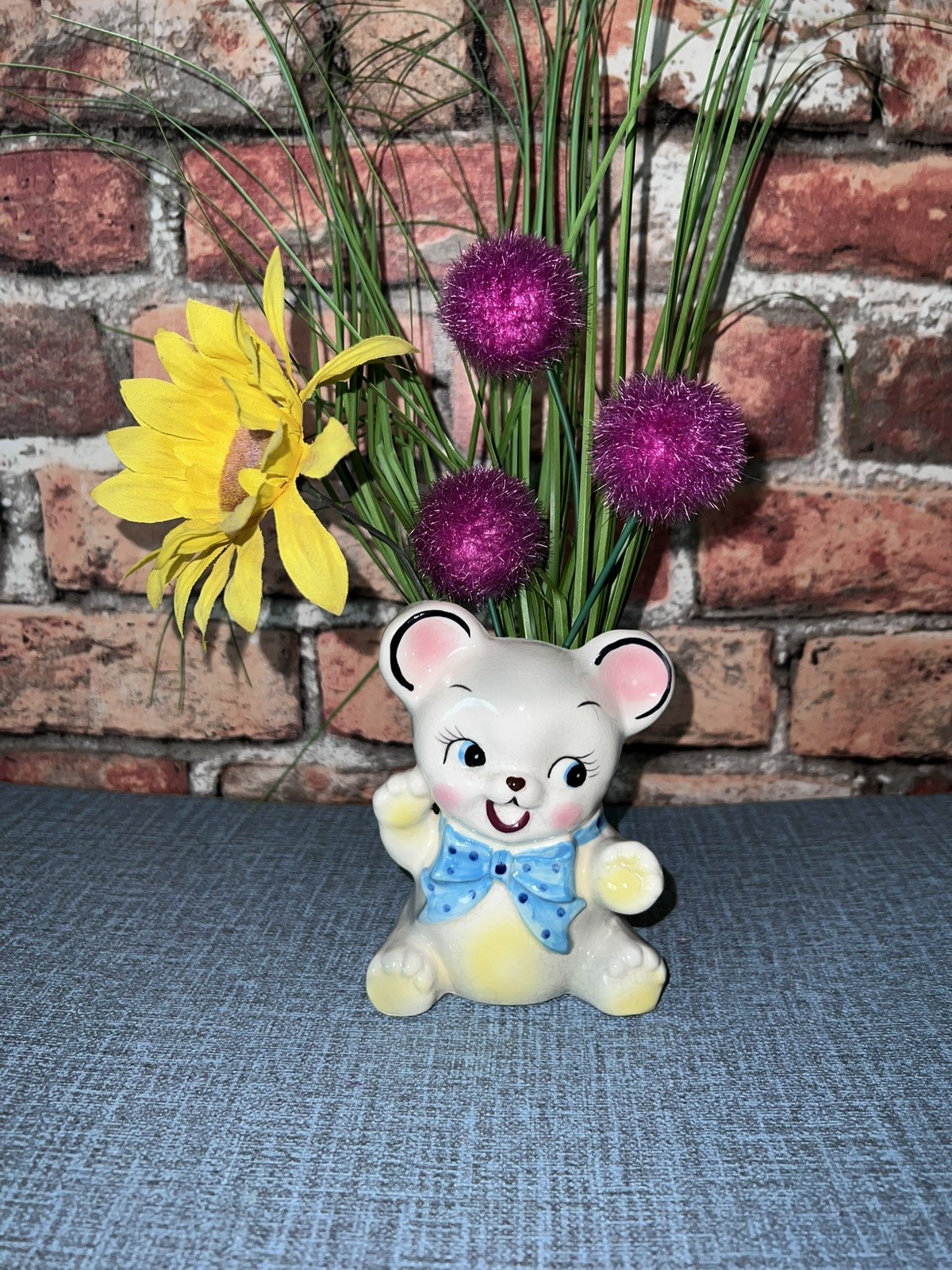 Vintage White, Yellow, Pink Baby Bear ~ Planter Vase ~ Unique Kitschy Gift Decor