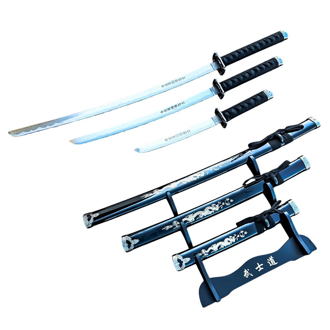 3Pc Black Dragon Design Japanese Samurai Katana Sword Set Ninja Style with Displ