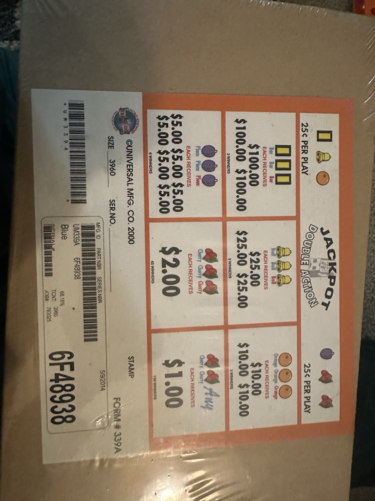 Pull Tickets - Jackpot Double action Tab Tickets  - Sealed Pack 3960 Count