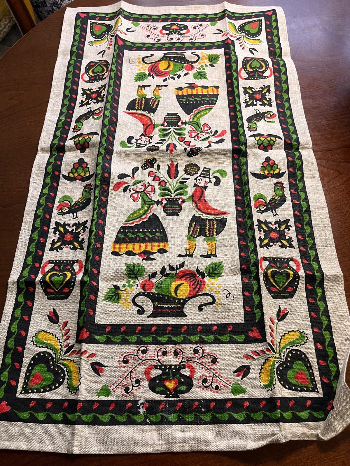 NWOT Charming Vintage Pure Linen Tea Towel Pennsylvania Dutch Folk Art