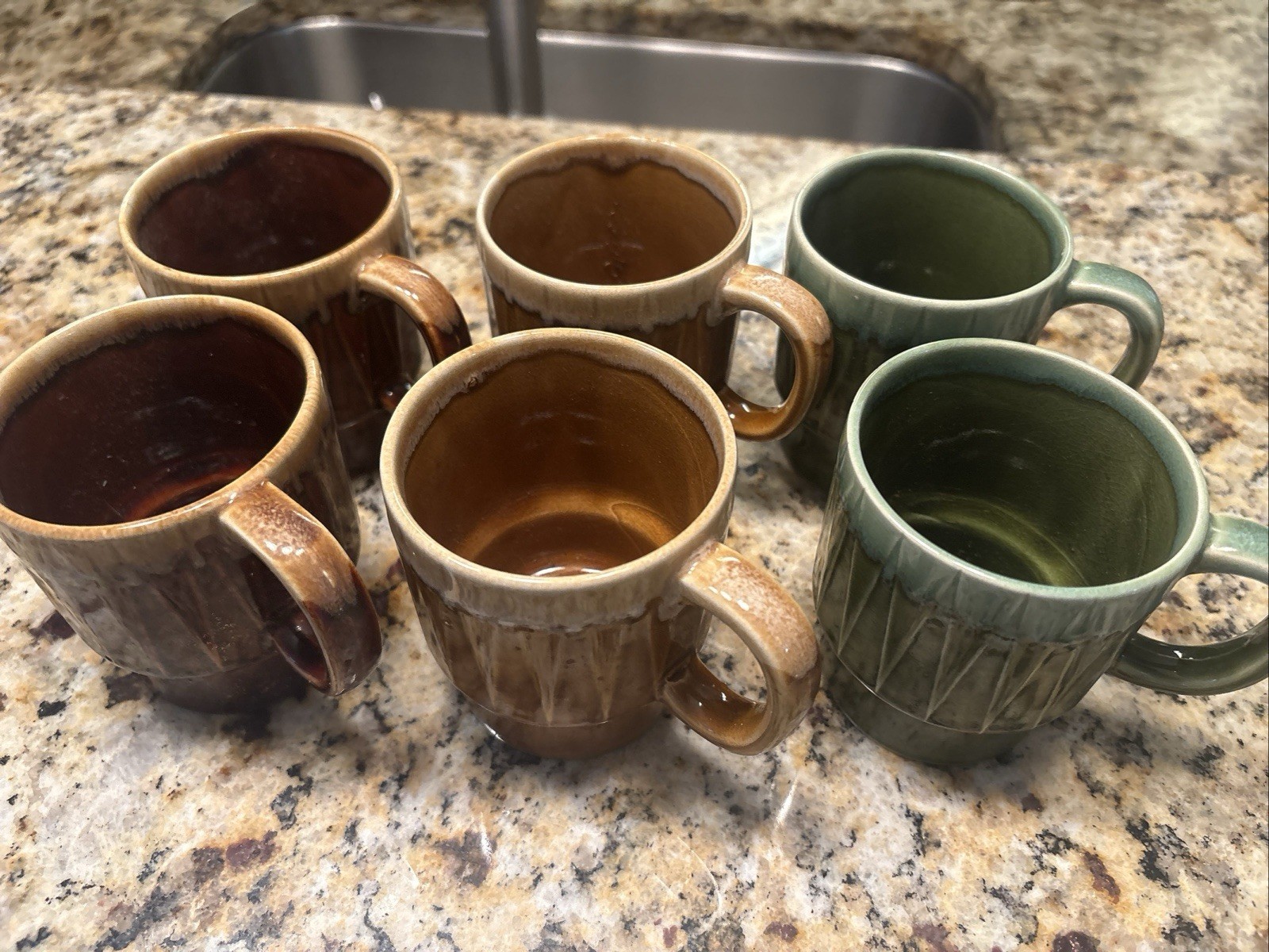 Vtg 1970\'s Japanese Gold Green Brown Drip Glaze Stackable Coffee Tea Cup Mugs Vtg 1970\'s Japanese Gold Green Brown Drip Glaze Stackable Coffee Tea Cup Mugs