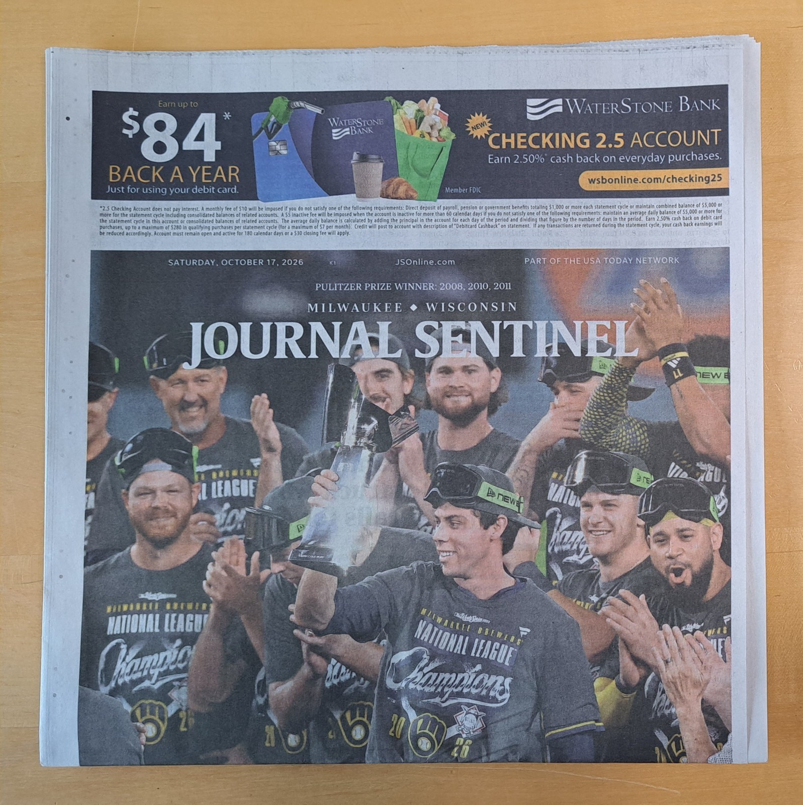 2026 Milwaukee Brewers NL Champions Journal Sentinel Hometown Newspaper