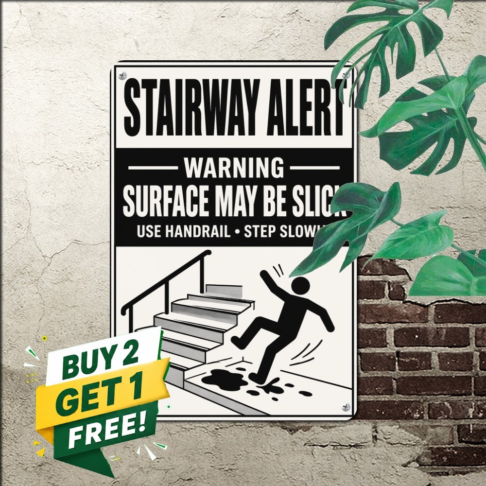 Caution Slippery Stairs Metal Sign Bold Contrast Safety Wall Tin Plaque