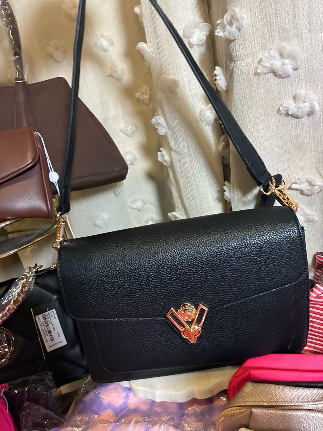 Valentino Orlandi Crossbody Bag Black Pebble Leather Gold Hardware