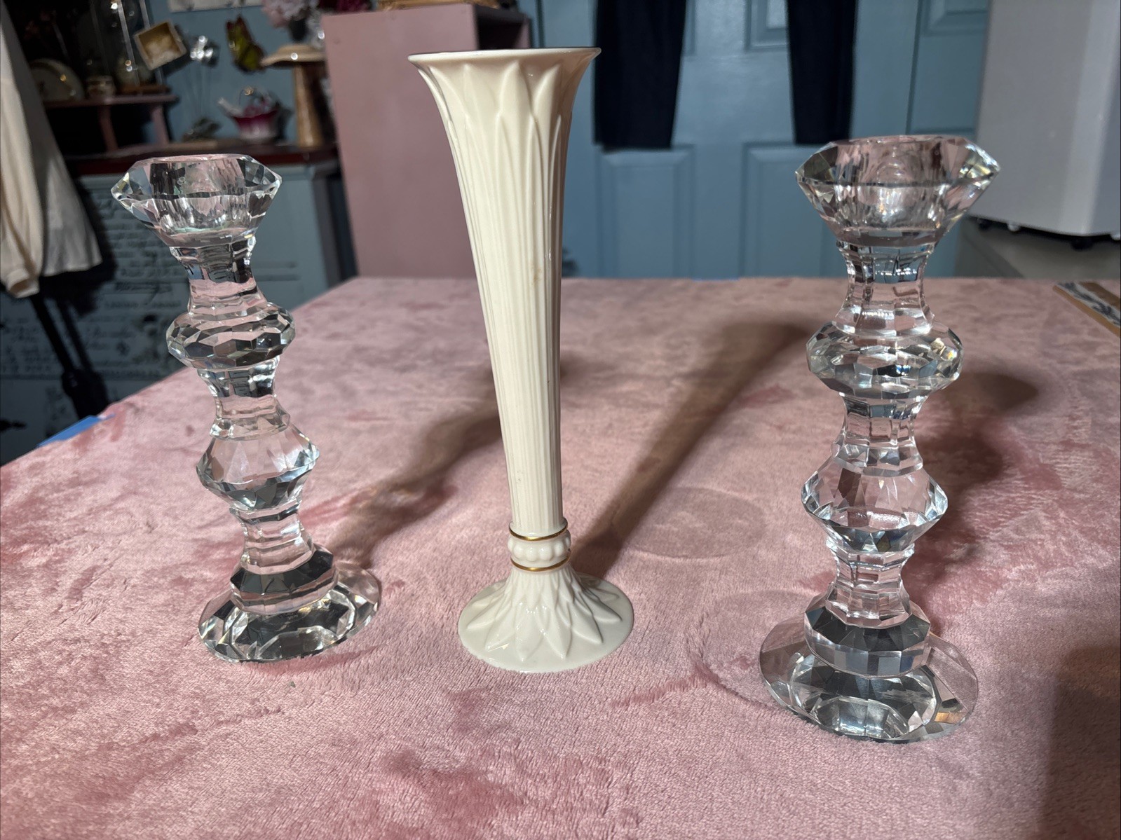 Lenox Lot Of 3 Includes Crystal Candle Sticks And Porcelain Bud Vase