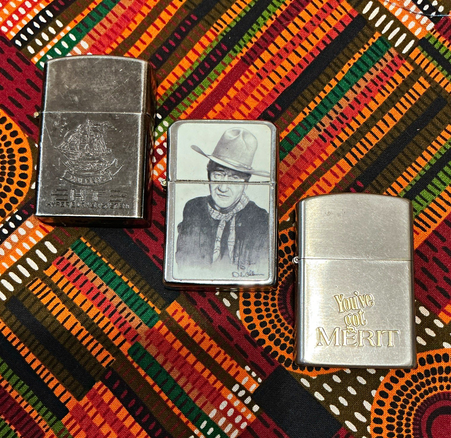 3 Vintage Flip Top Lighters - John Wayne (Dale Adkins), Merit Promo, HF Ship