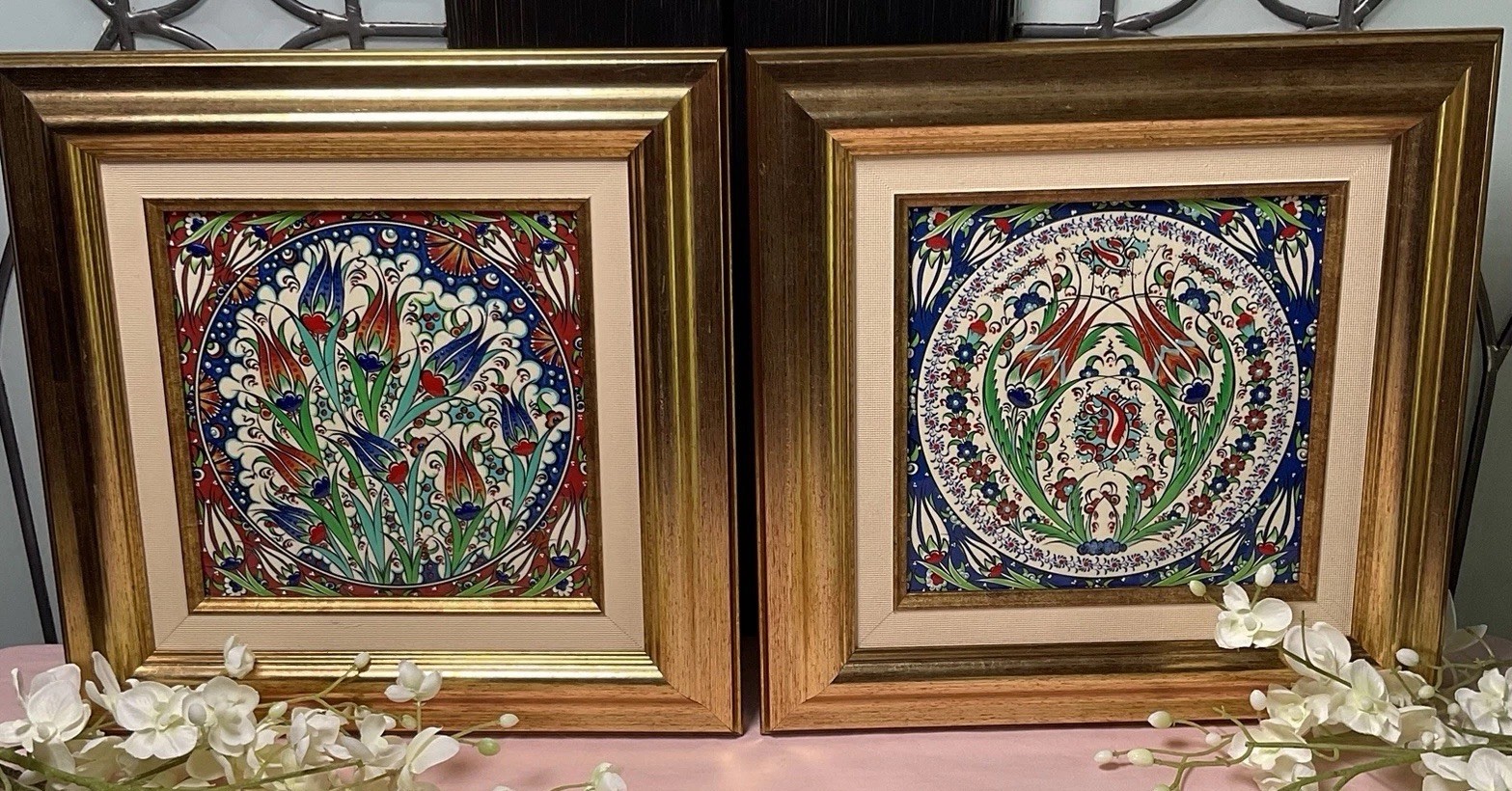 Vtg Turkish Tile Wall Hangings Glowing Phosphorus Hand Painted Tulips Gold Frame