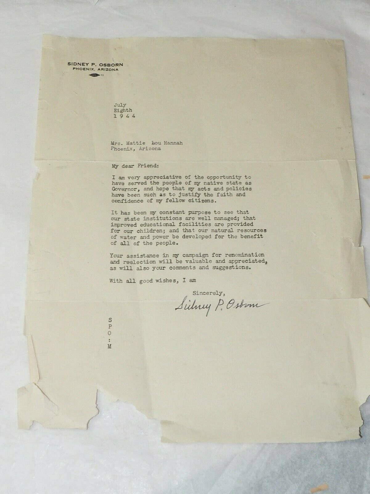 SIDNEY P. OSBORN Original Governor Re-nomination Letter with SIGNATURE