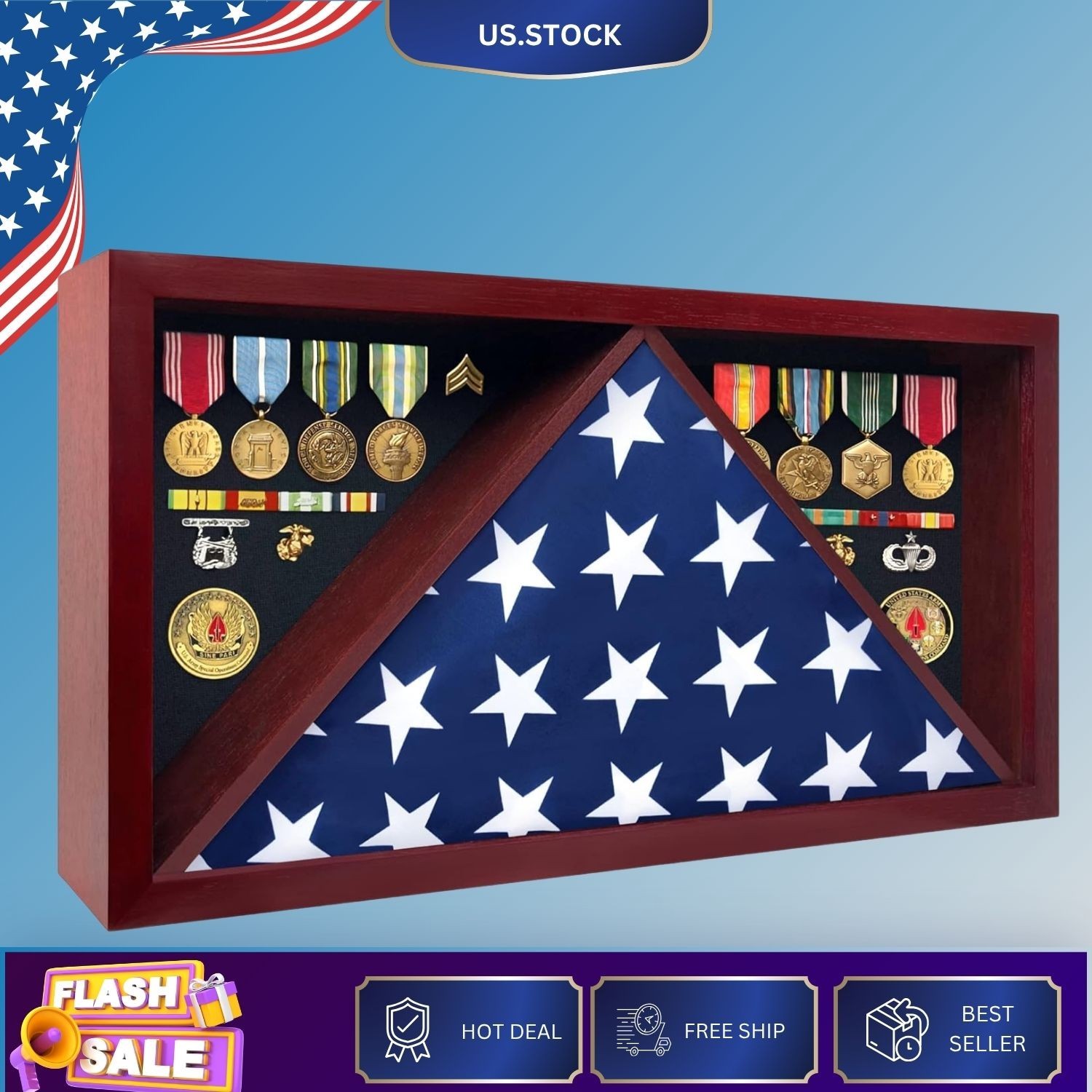 Large Military Flag Display Case Shadow Box for 5x9.5 Burial Flag Mahogany