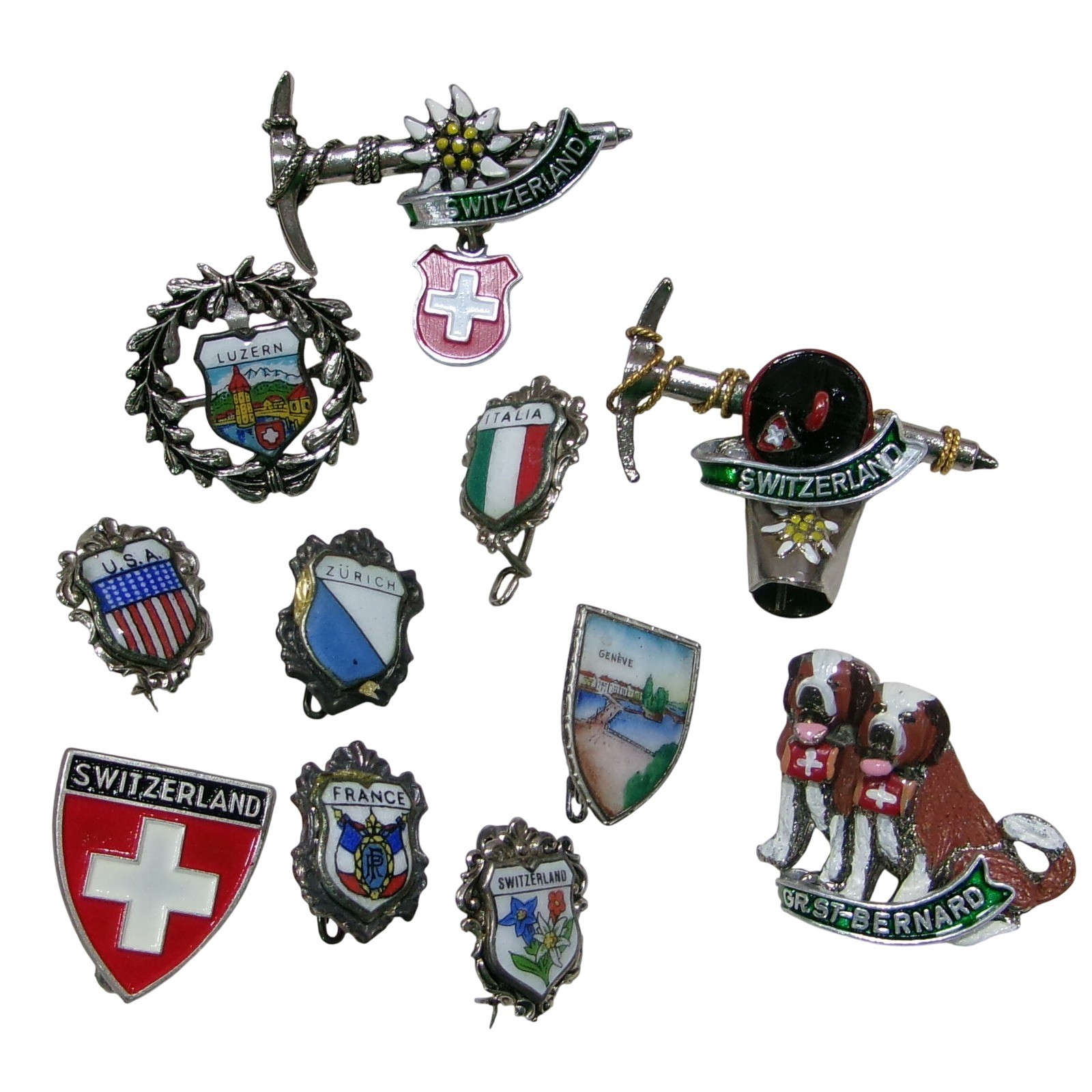 Vintage Switzerland Alpine Souvenir Pin Lot Enamel Edelweiss Ice Axe St Bernard