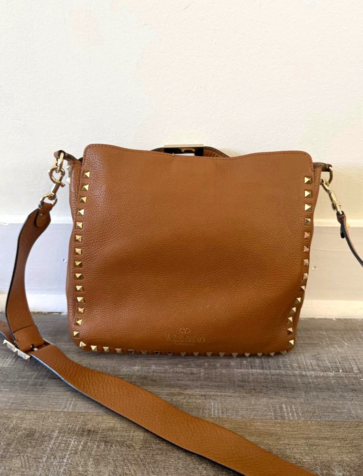 Valentino Garavani Brown Studded Crossbody Bag Turn Lock Gold Hardware