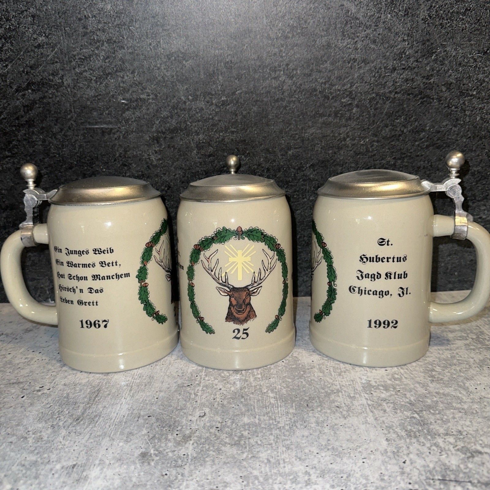 3 Vintage 1992 St Hubertus Jagd Klub Chicago Beer Stein 25th Anniversary German 3 Vintage 1992 St Hubertus Jagd Klub Chicago Beer Stein 25th Anniversary German